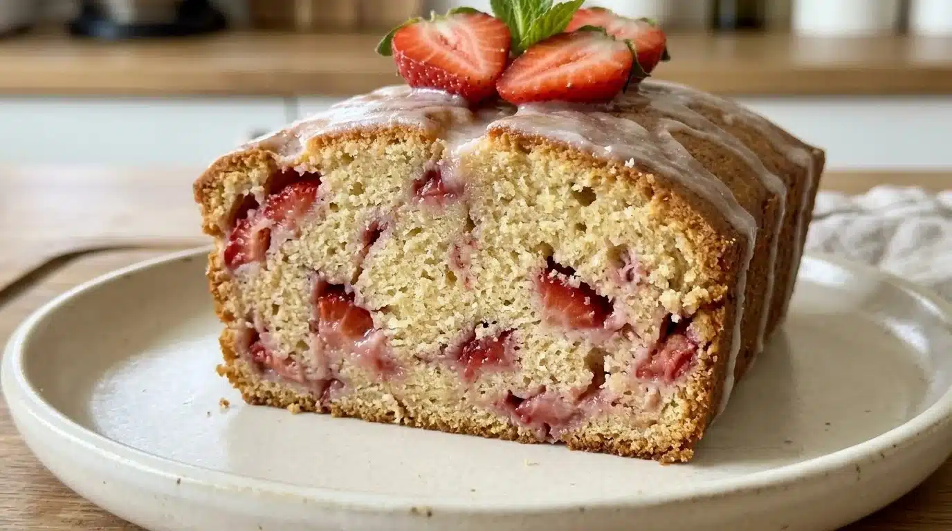 Classic Strawberry Pound Cake decorated with fresh strawberries and whipped cream