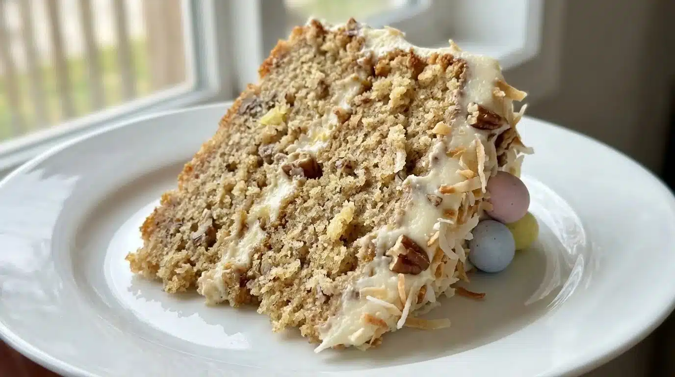 Coconut Hummingbird Easter Cake decorated with tropical flowers and festive colors