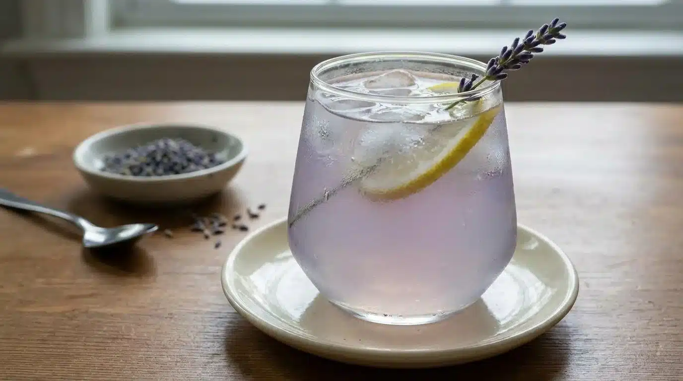 Coconut Lavender Lemonade mocktail served in a glass with fresh lavender sprigs.