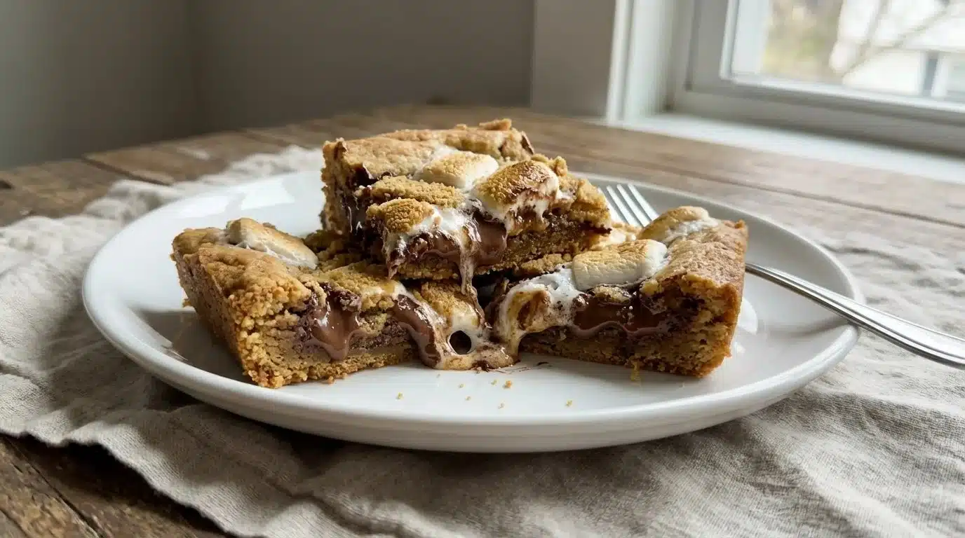 Delicious homemade Cookie S'mores Bars with chocolate and graham crackers