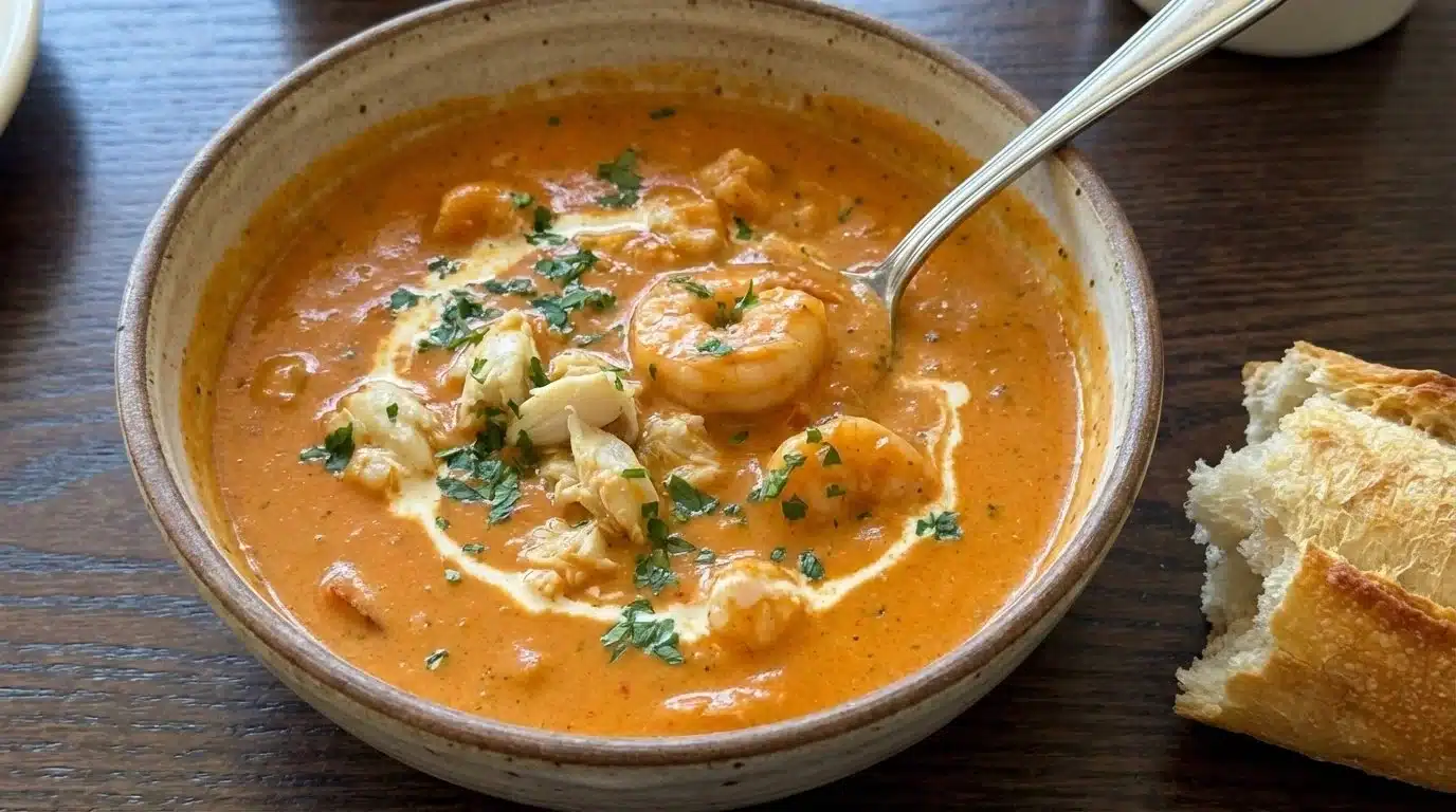 Delicious crab and shrimp bisque garnished with herbs in a bowl.