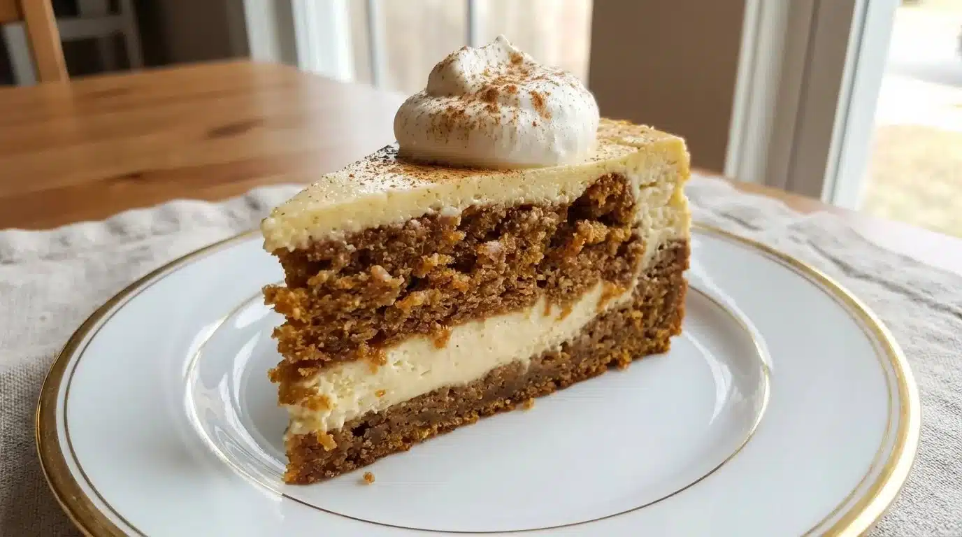 Creamy carrot cake cheesecake topped with frosting and edible decorations