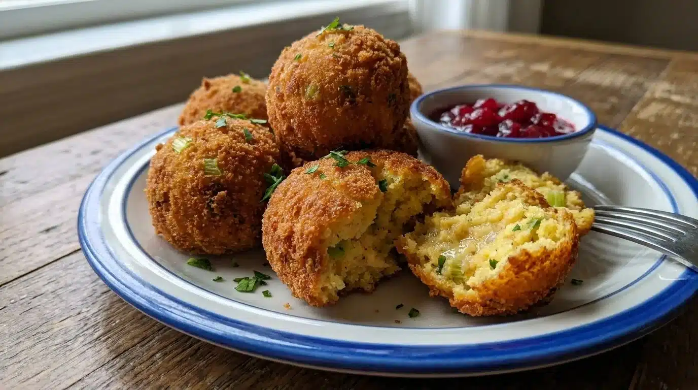 Crispy cornbread dressing balls served in a bowl