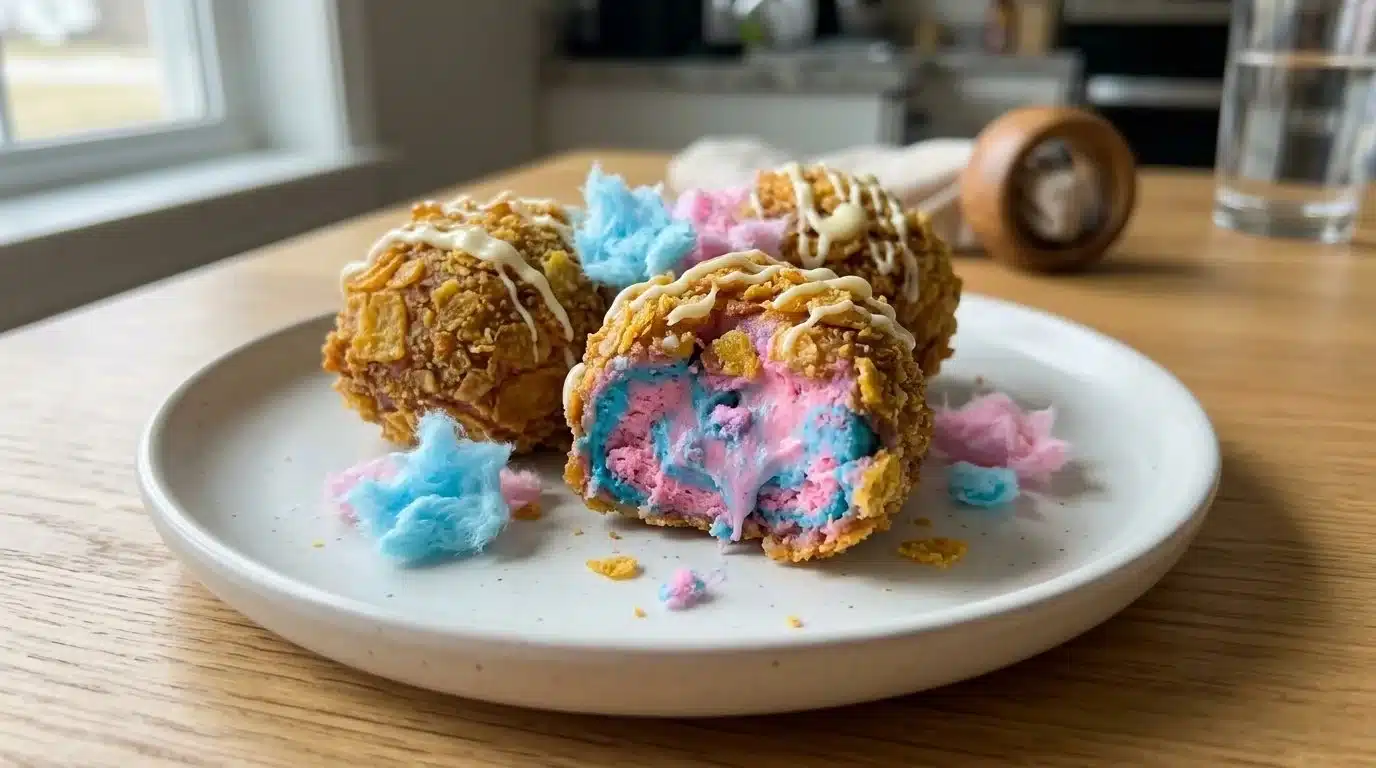 Crispy cotton candy cheesecake bombs on a plate, a delicious dessert treat.