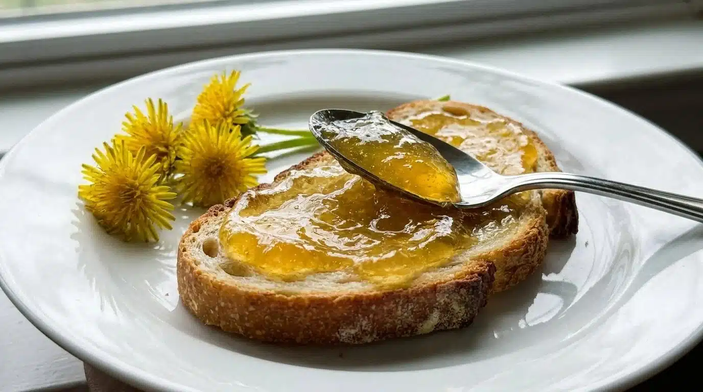 Homemade dandelion jelly in a jar with flowers