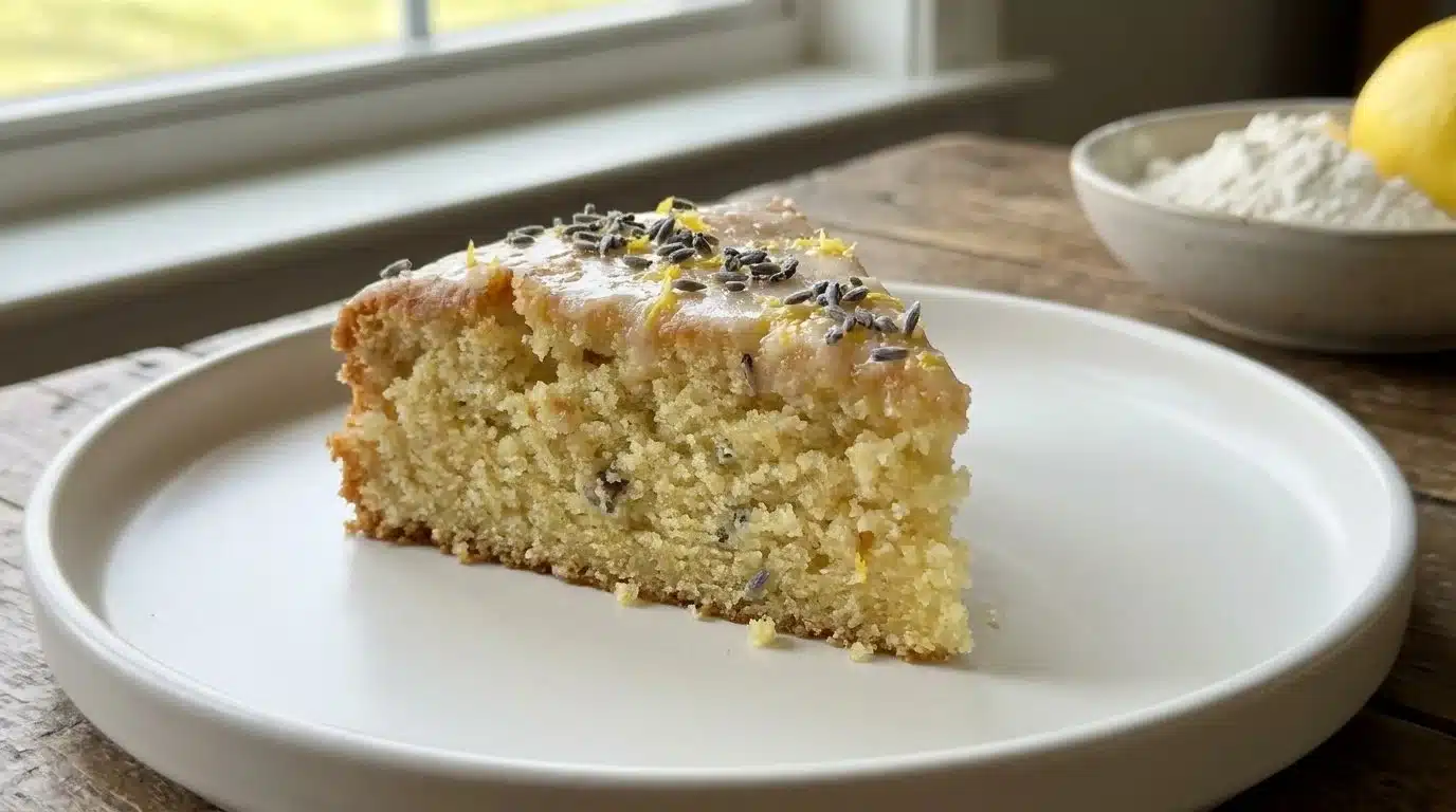 Delicious lemon lavender cake topped with fresh lemon slices and lavender sprigs.