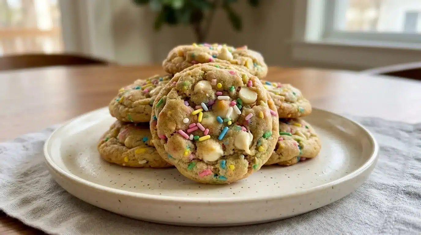 Easter Funfetti Cookies decorated with colorful sprinkles on a white plate