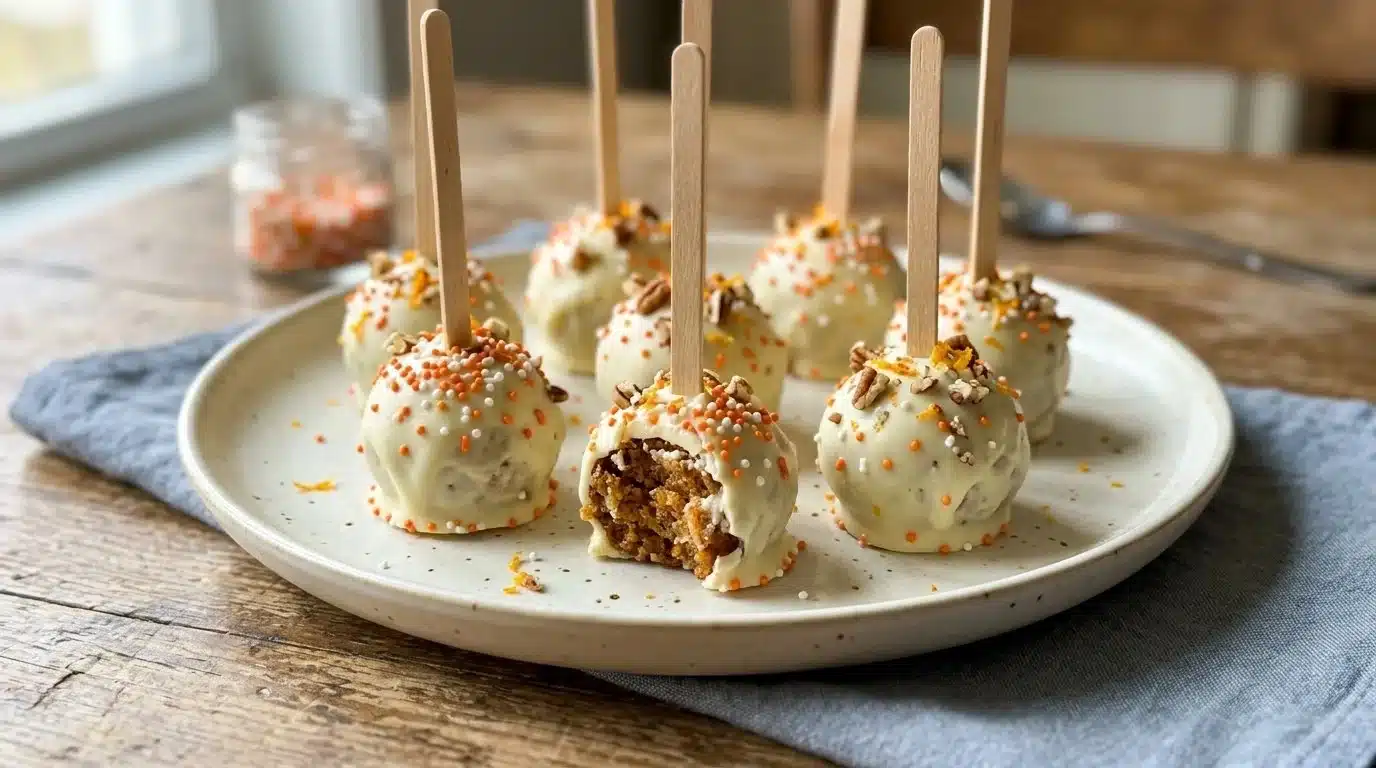 Delicious easy carrot cake pops decorated with cream cheese frosting.