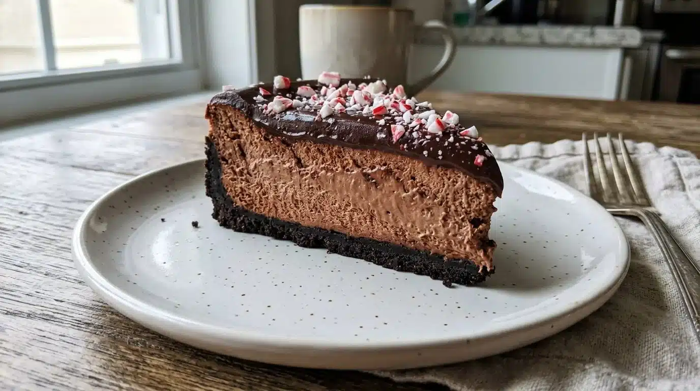 Delicious easy peppermint chocolate cheesecake slice on a plate