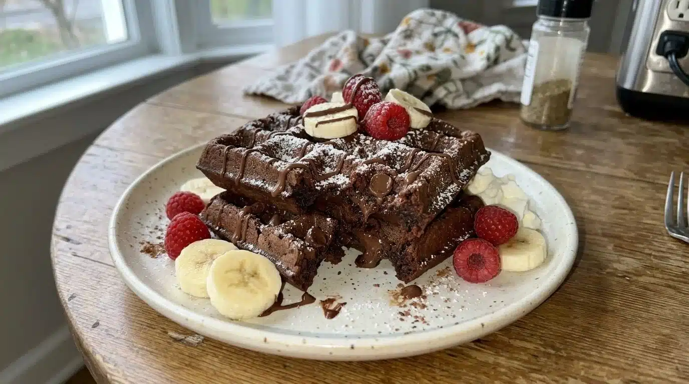 Delicious fudgy brownie waffles topped with chocolate syrup and whipped cream