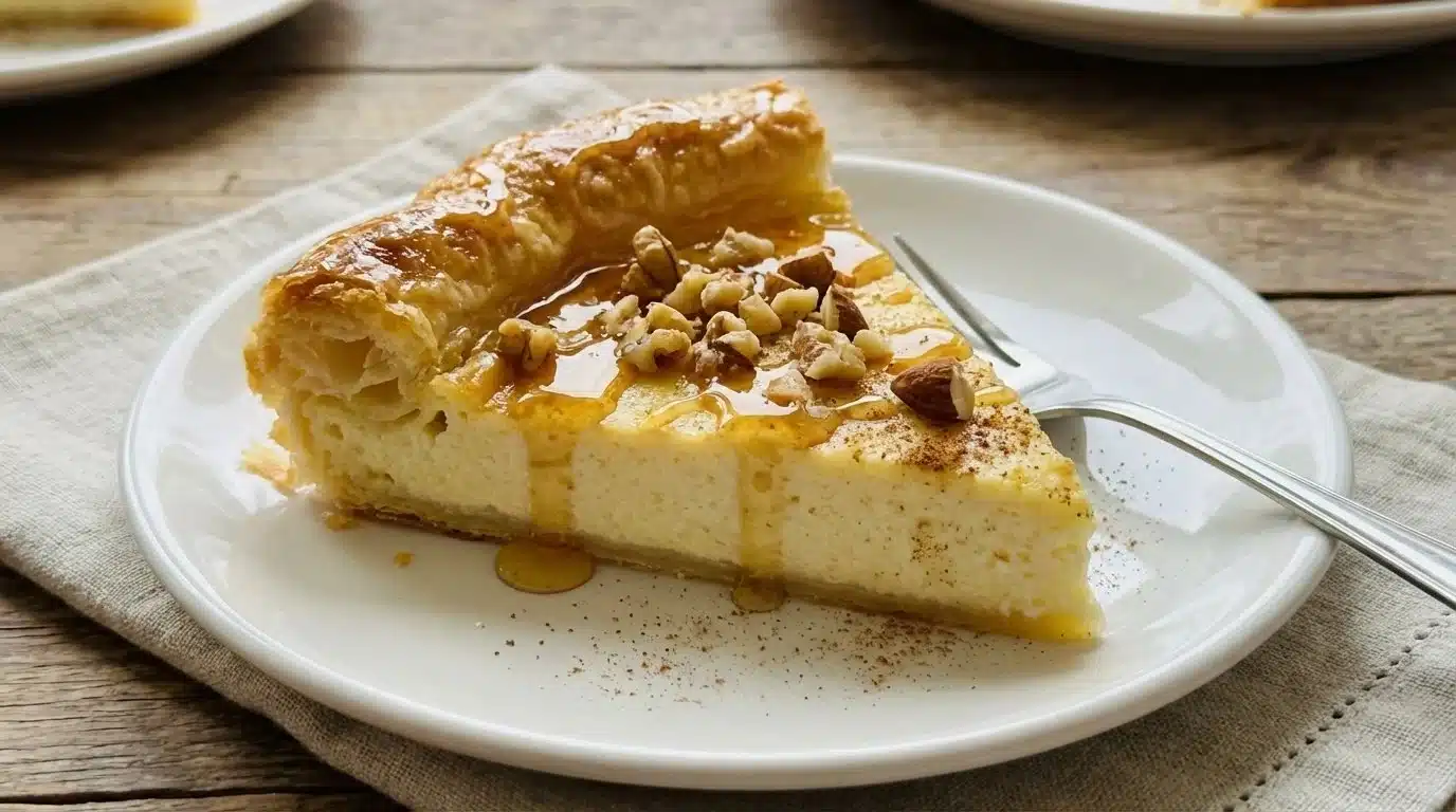 Golden Greek Honey Pie topped with honey and nuts, a delicious Greek dessert.