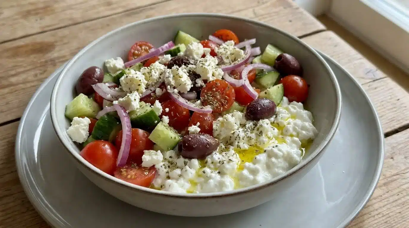 Greek Salad Cottage Cheese Bowl with fresh vegetables and cottage cheese