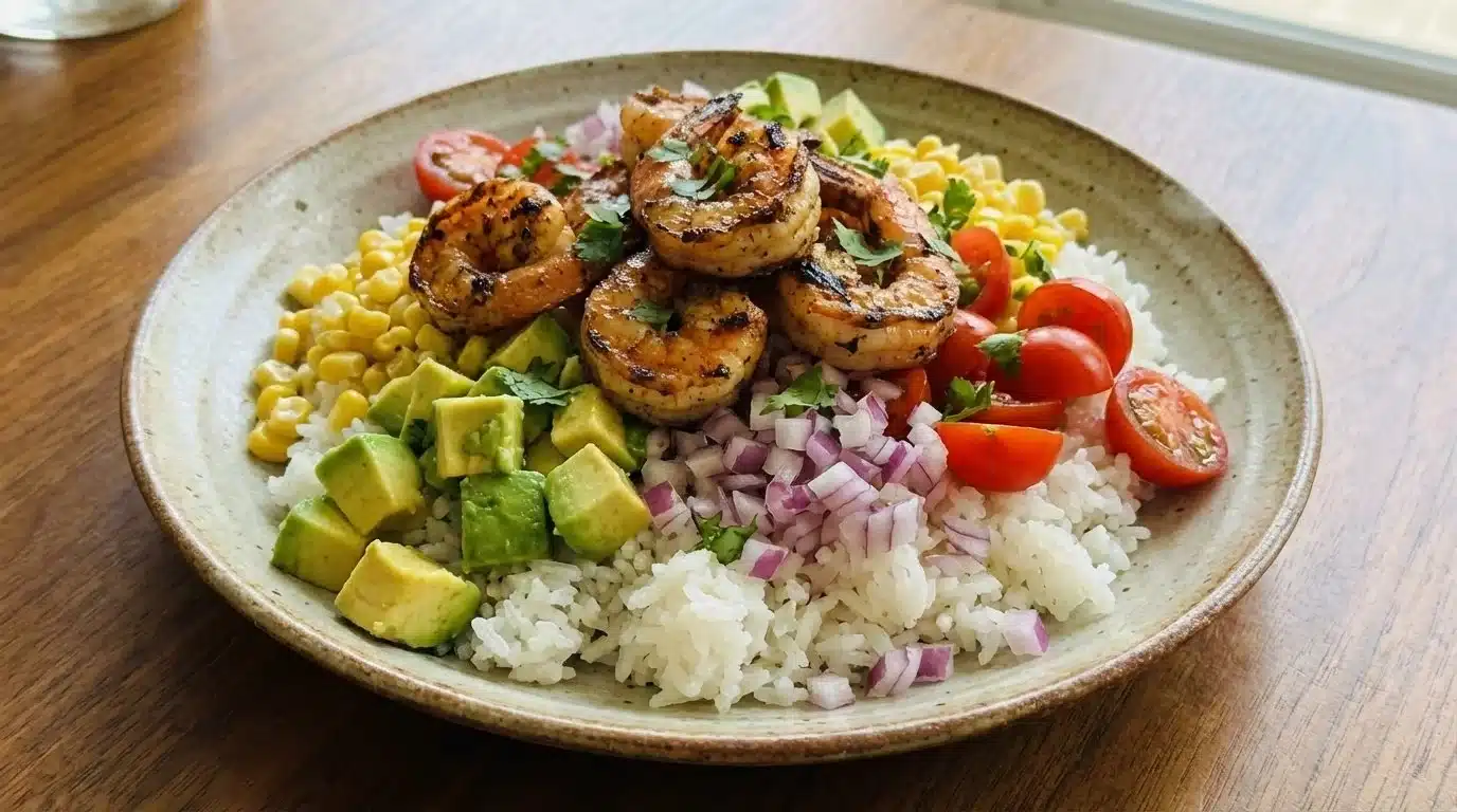 Grilled shrimp bowl with avocado and corn salsa served in a vibrant dish