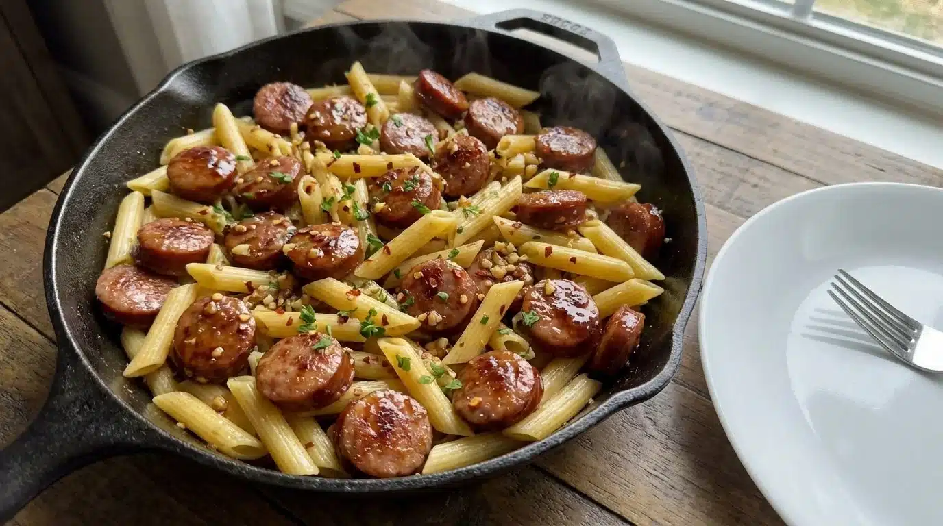 Honey Garlic Sausage Pasta Skillet with colorful vegetables