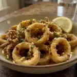 Delicious hot butter calamari served on a plate, garnished elegantly.
