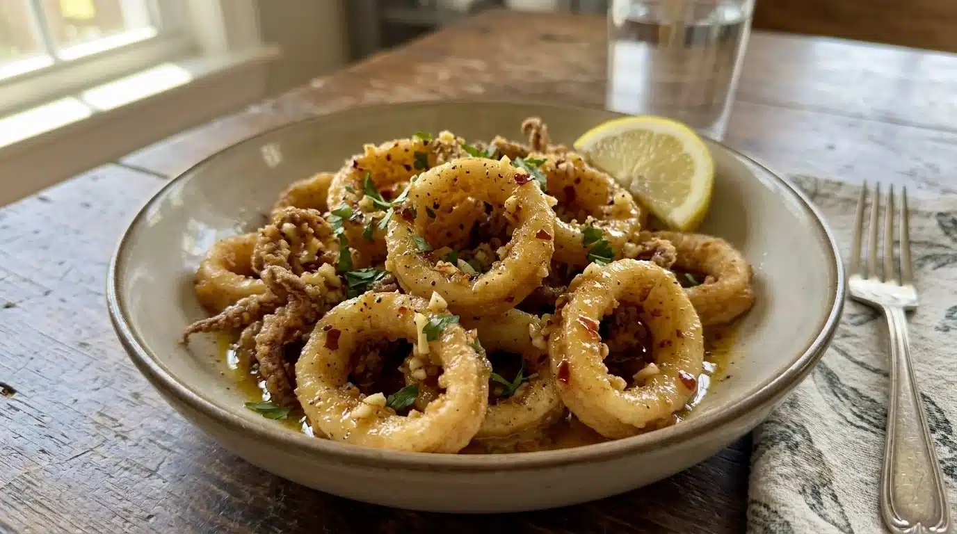 Delicious hot butter calamari served on a plate, garnished elegantly.