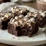 Delicious Hot Cocoa Brownie Bites served on a plate with a cup of hot cocoa