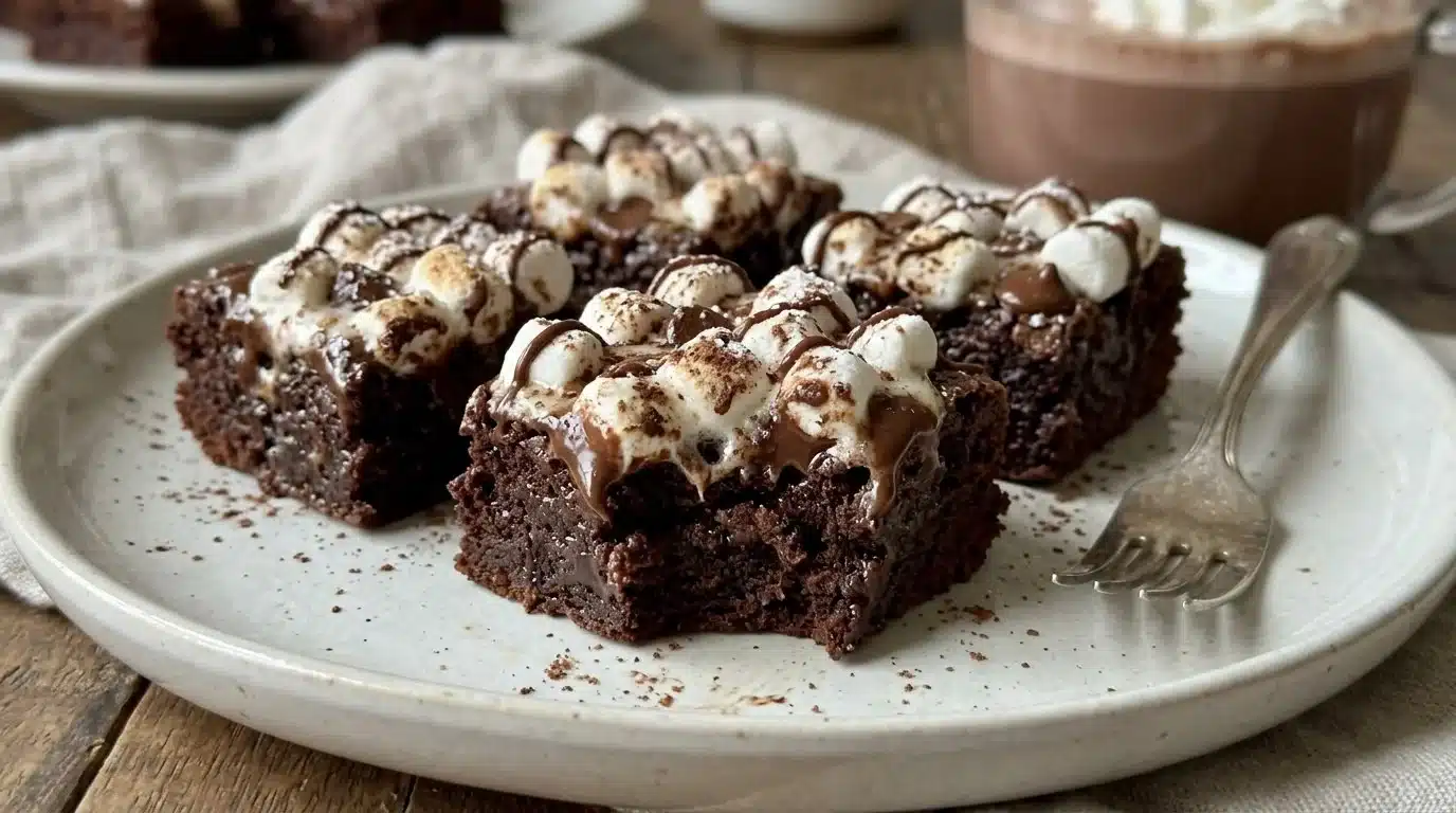 Delicious Hot Cocoa Brownie Bites served on a plate with a cup of hot cocoa