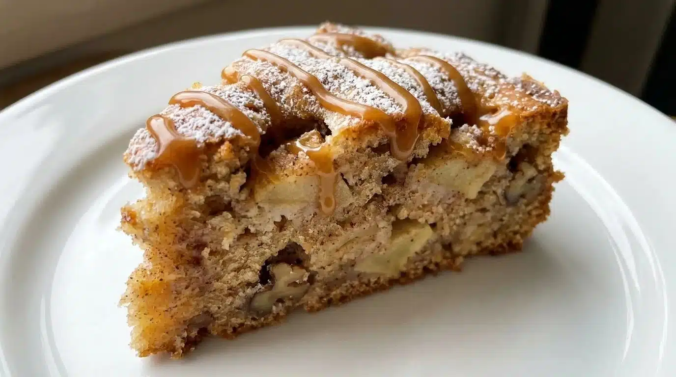 Slice of delicious German Apple Cake garnished with cinnamon and apples, representing fall flavors.