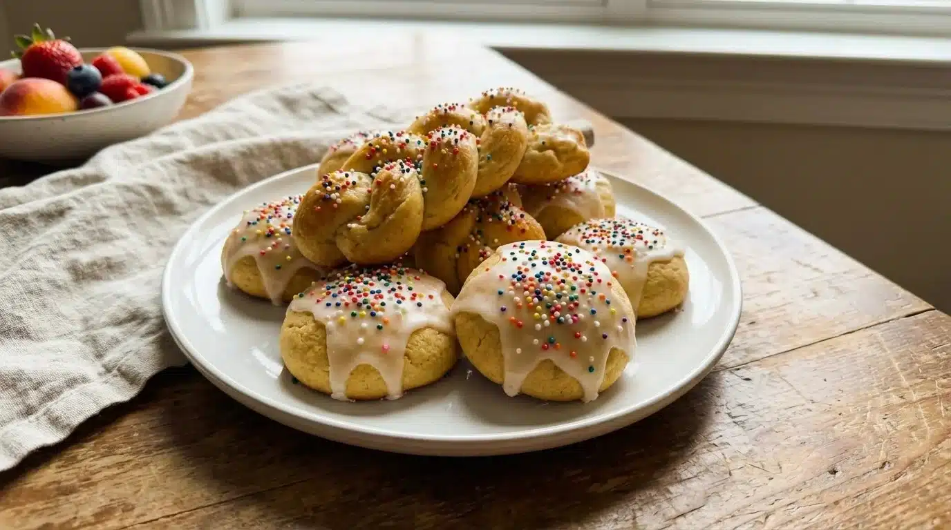 Traditional Italian Easter cookies decorated with colorful icing and sprinkles