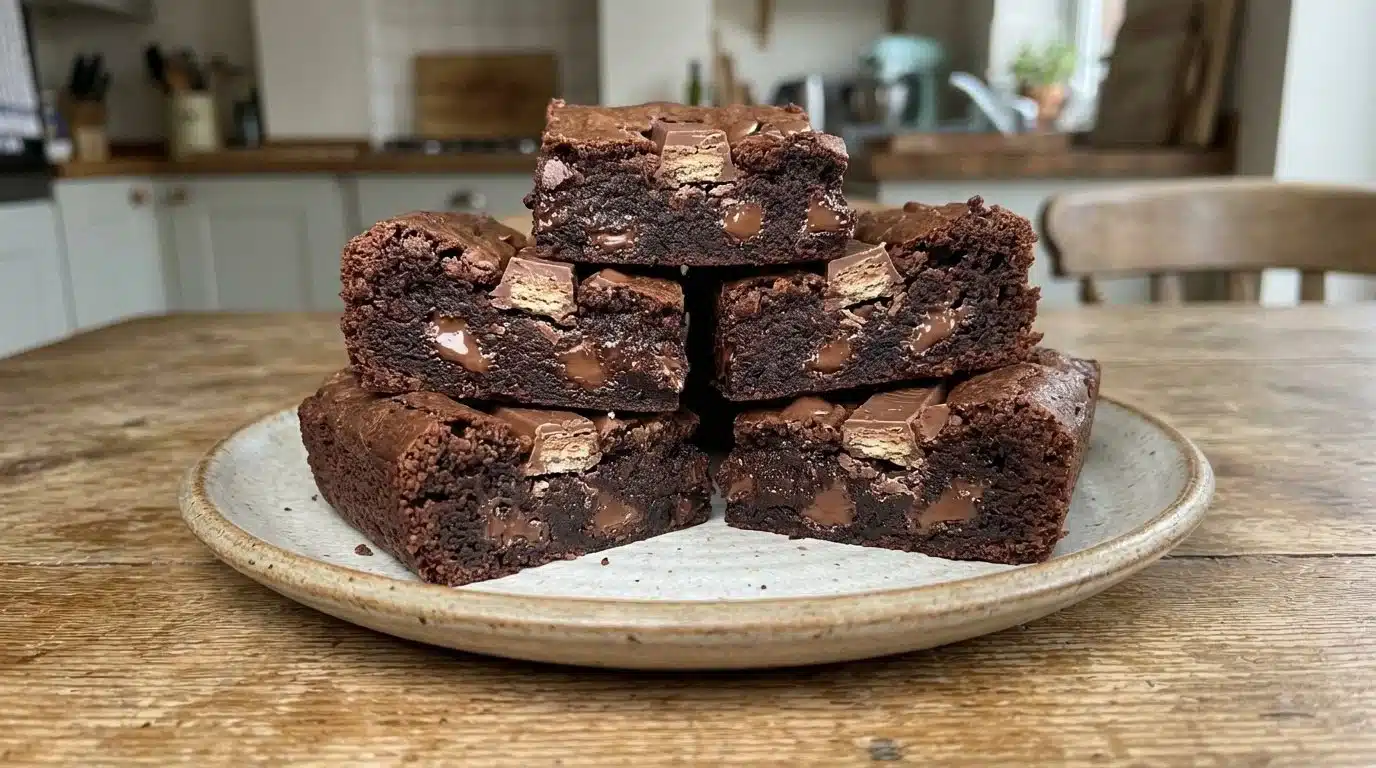 Delicious Kit Kat brownies topped with chocolate and crunchy Kit Kat bars