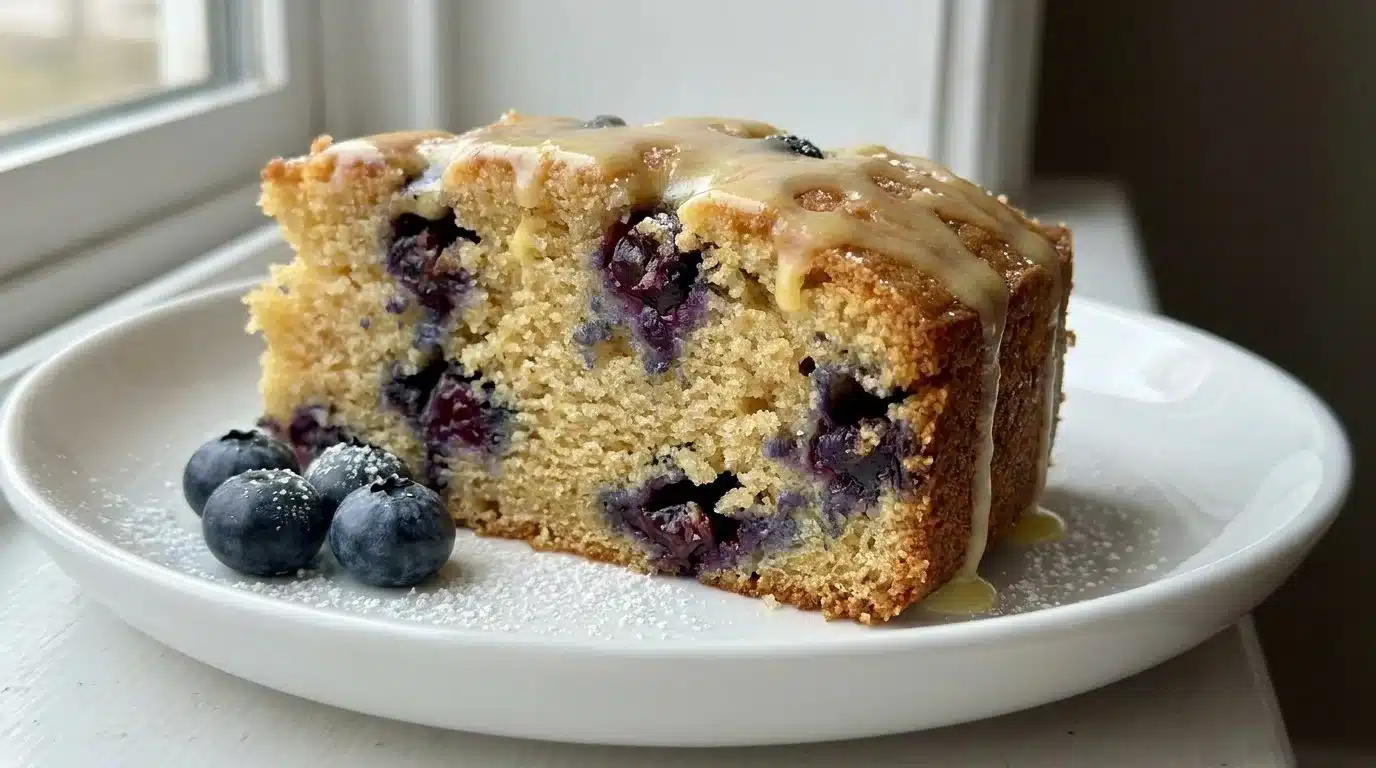 Lemon blueberry cake topped with fresh blueberries and lemon zest