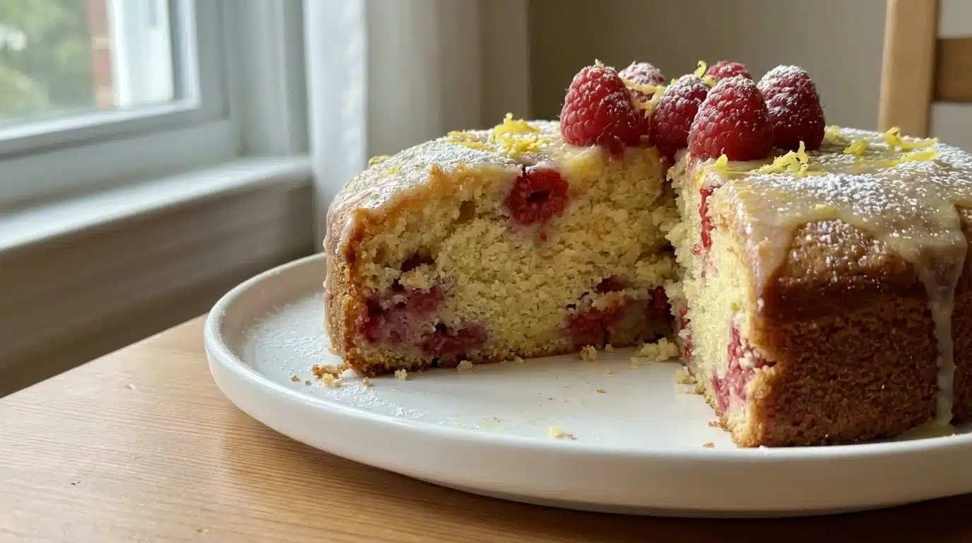 Delicious Lemon Raspberry Cake with fresh raspberries and lemon frosting