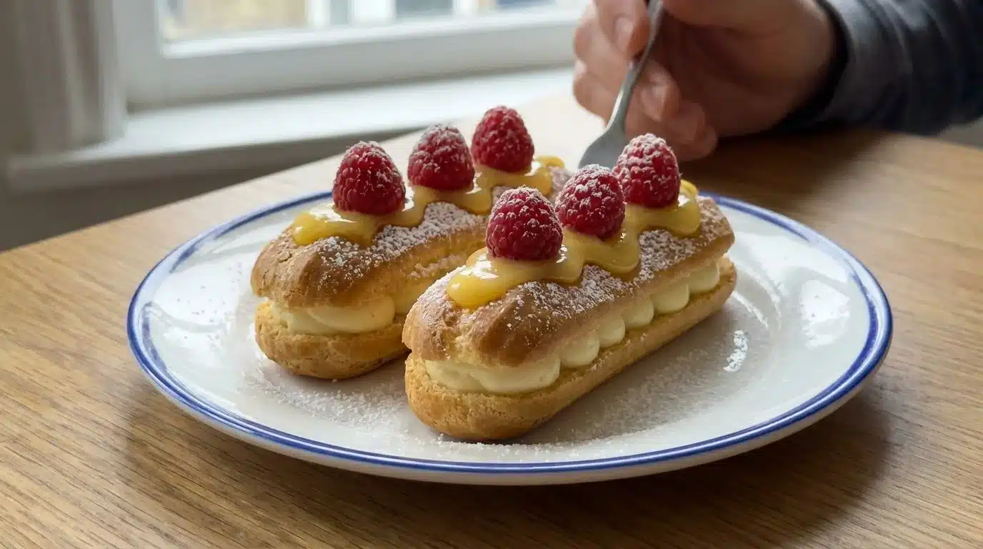 Lemon raspberry eclairs filled with zesty cream and topped with fresh raspberries.
