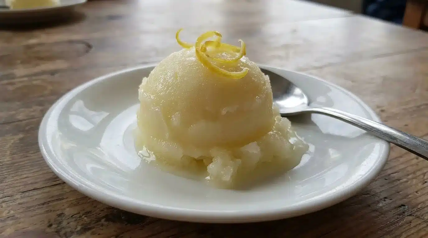 Delicious lemon sorbet served in a bowl with fresh lemon slices.