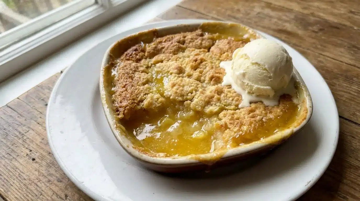 Delicious Magic Lemon Cobbler dessert with a golden crust and lemon filling