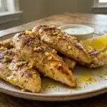 Plate of Mediterranean Chicken Tenders garnished with herbs and vegetables