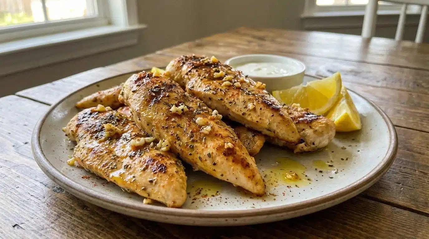 Plate of Mediterranean Chicken Tenders garnished with herbs and vegetables