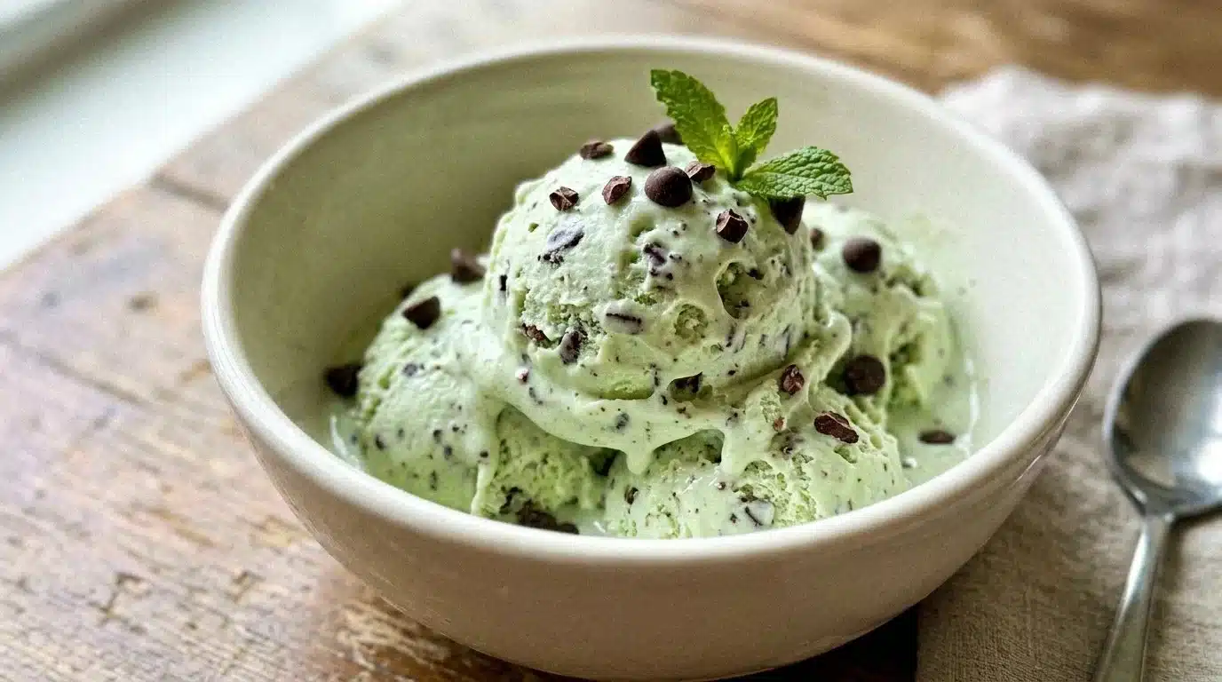 Mint Chocolate Chip Protein Ice Cream bowl topped with chocolate chips and mint leaves.