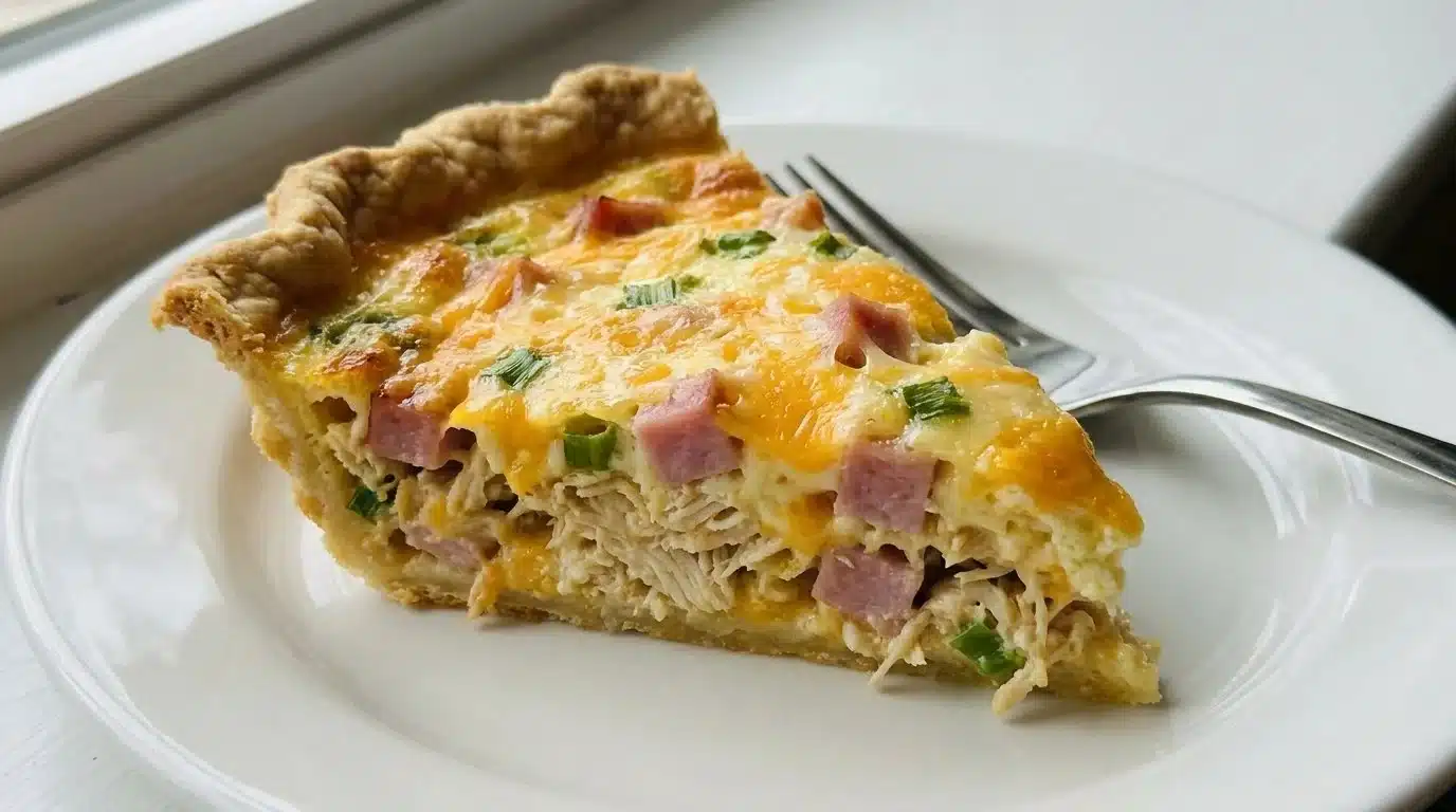 Mississippi Sin Quiche topped with creamy cheese and green onions