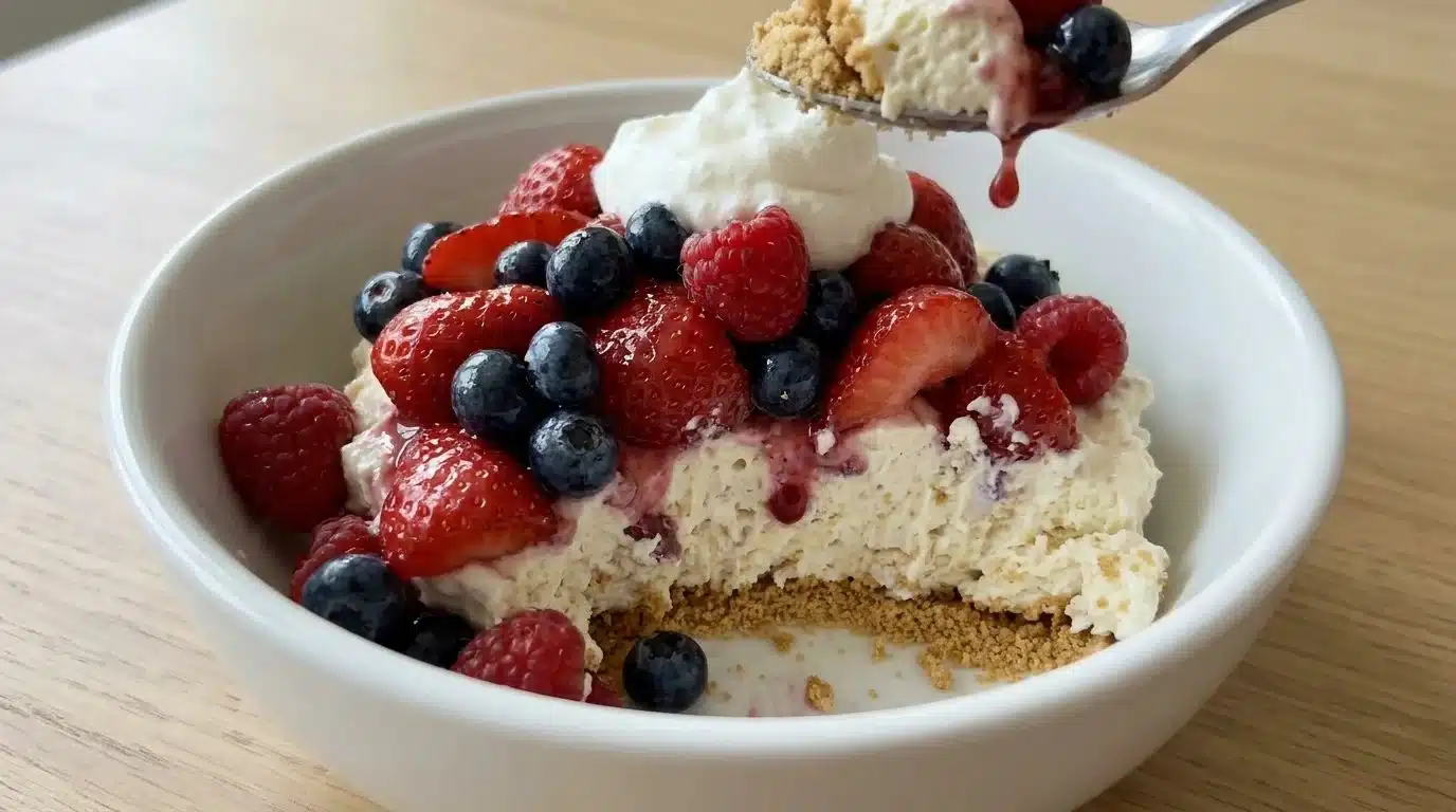 No-Bake Berry Cheesecake Bowls topped with fresh berries and whipped cream