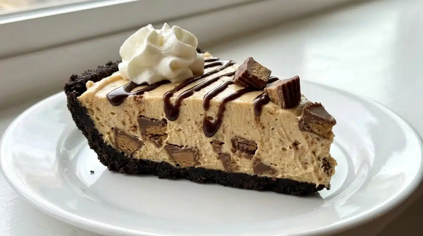 No Bake Peanut Butter Cup Pie topped with chocolate and peanut butter cups