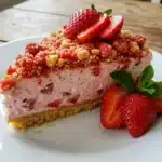 No-Bake Strawberry Crunch Cheesecake topped with fresh strawberries and crunchy layers.