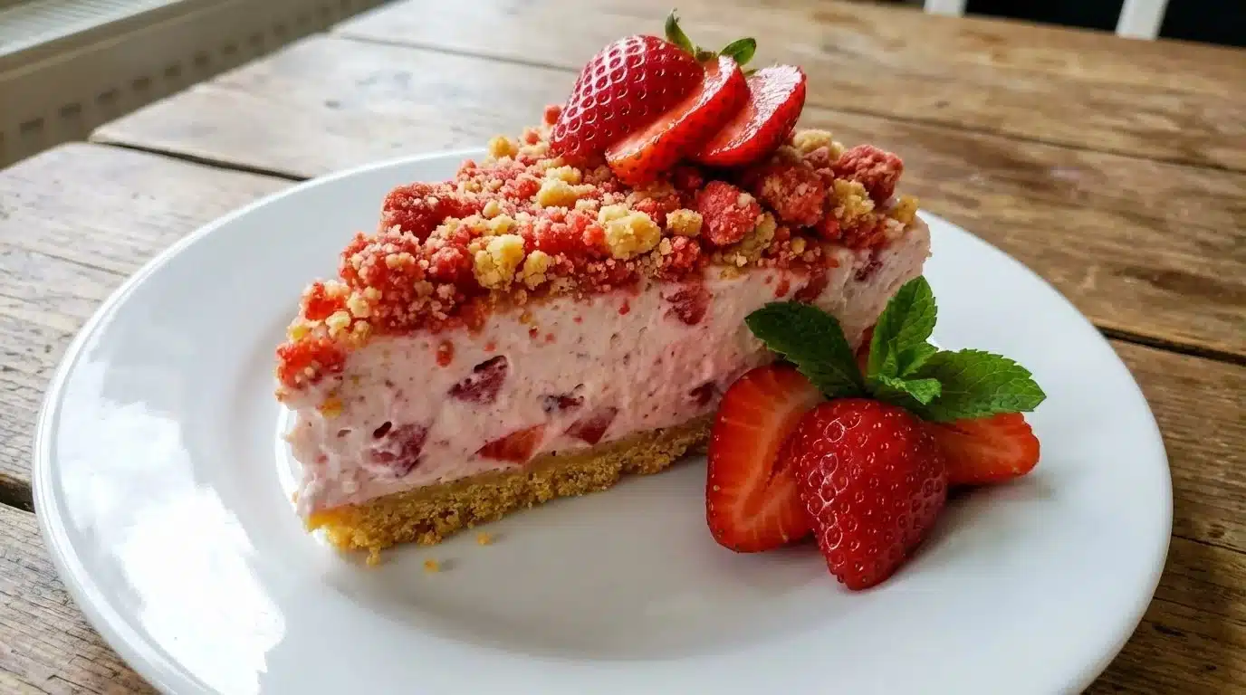 No-Bake Strawberry Crunch Cheesecake topped with fresh strawberries and crunchy layers.