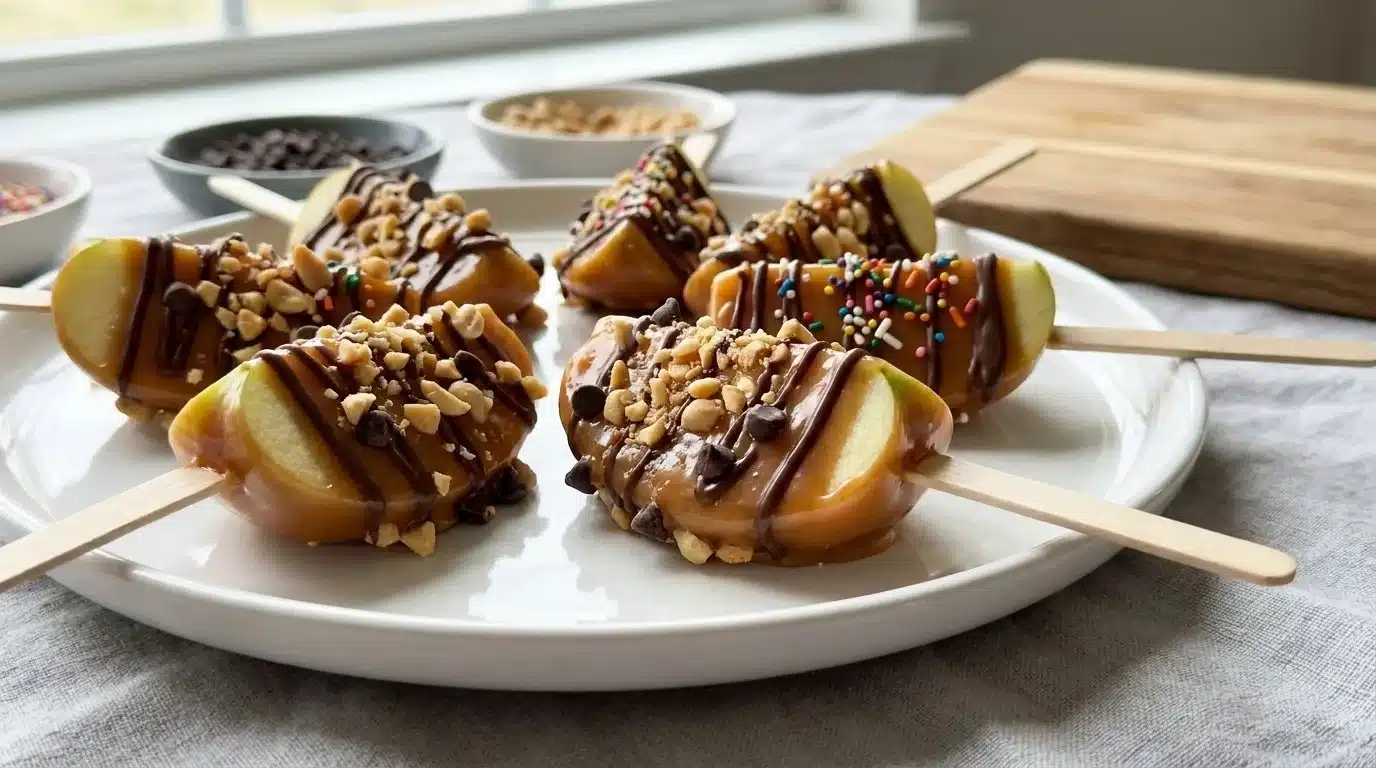 Peanut Butter Caramel Apple Pops on a wooden stick, drizzled with caramel.