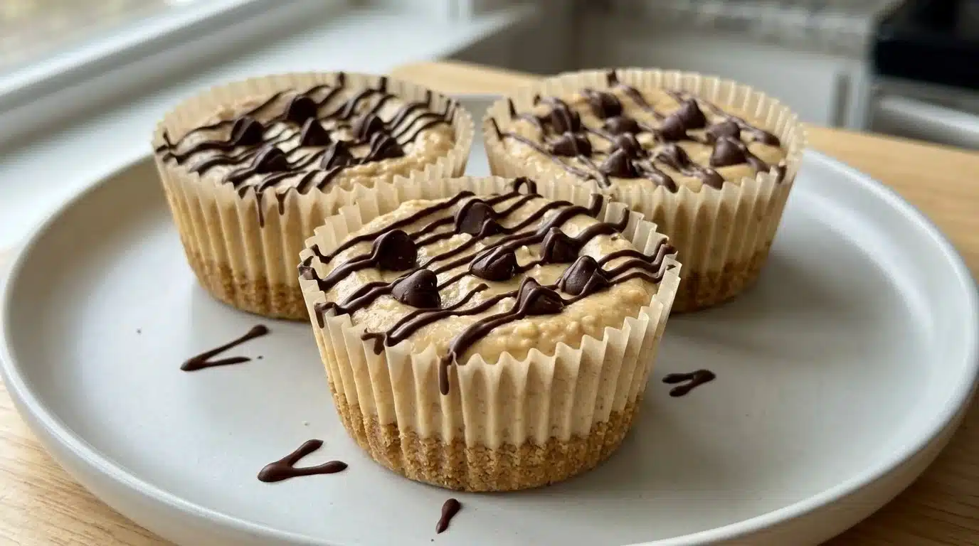 Peanut butter cottage cheese cheesecake cups topped with drizzled chocolate