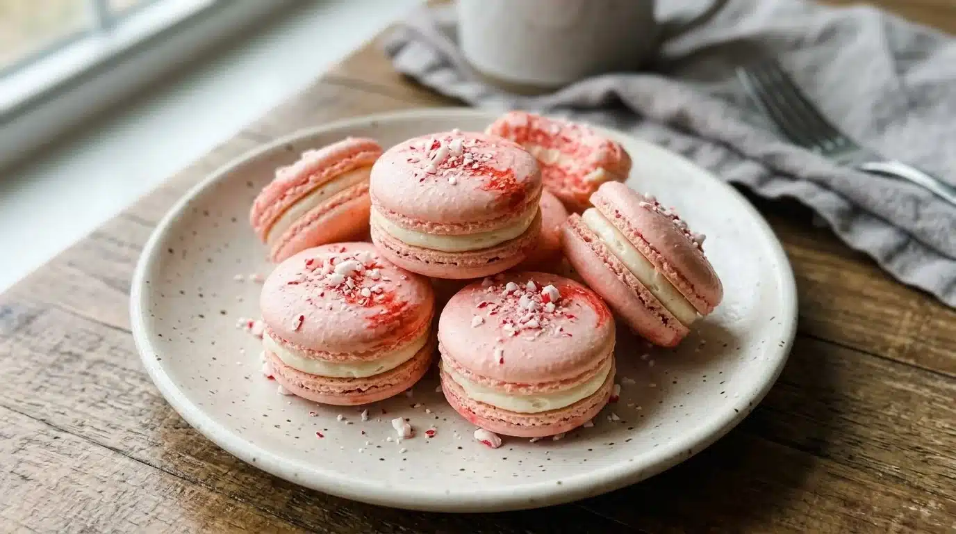 Delicious peppermint macarons on a decorative plate