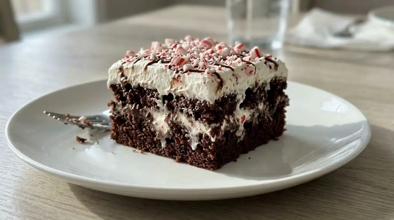 Slice of peppermint poke cake topped with whipped cream and crushed peppermint candies