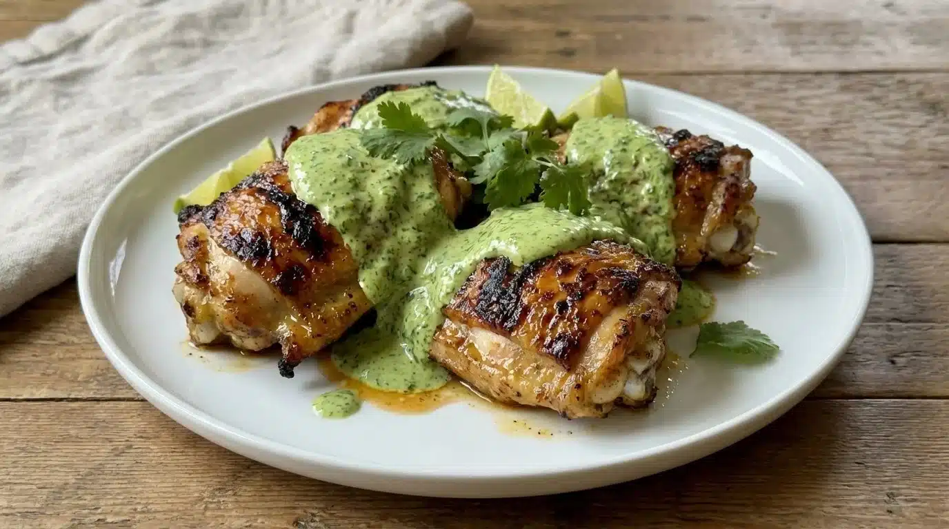 Delicious Peruvian chicken served with vibrant green sauce