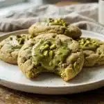 Freshly baked pistachio cream cookies on a rustic plate