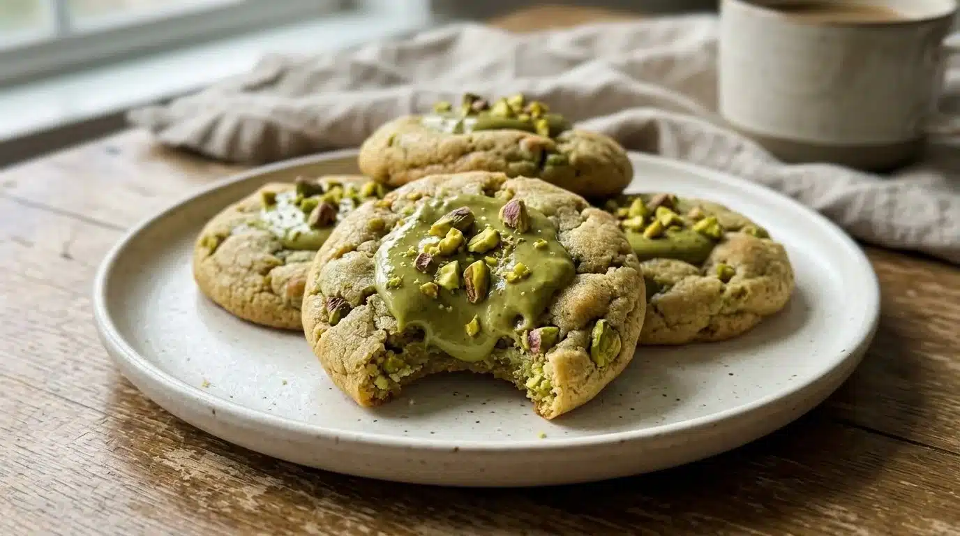 Freshly baked pistachio cream cookies on a rustic plate