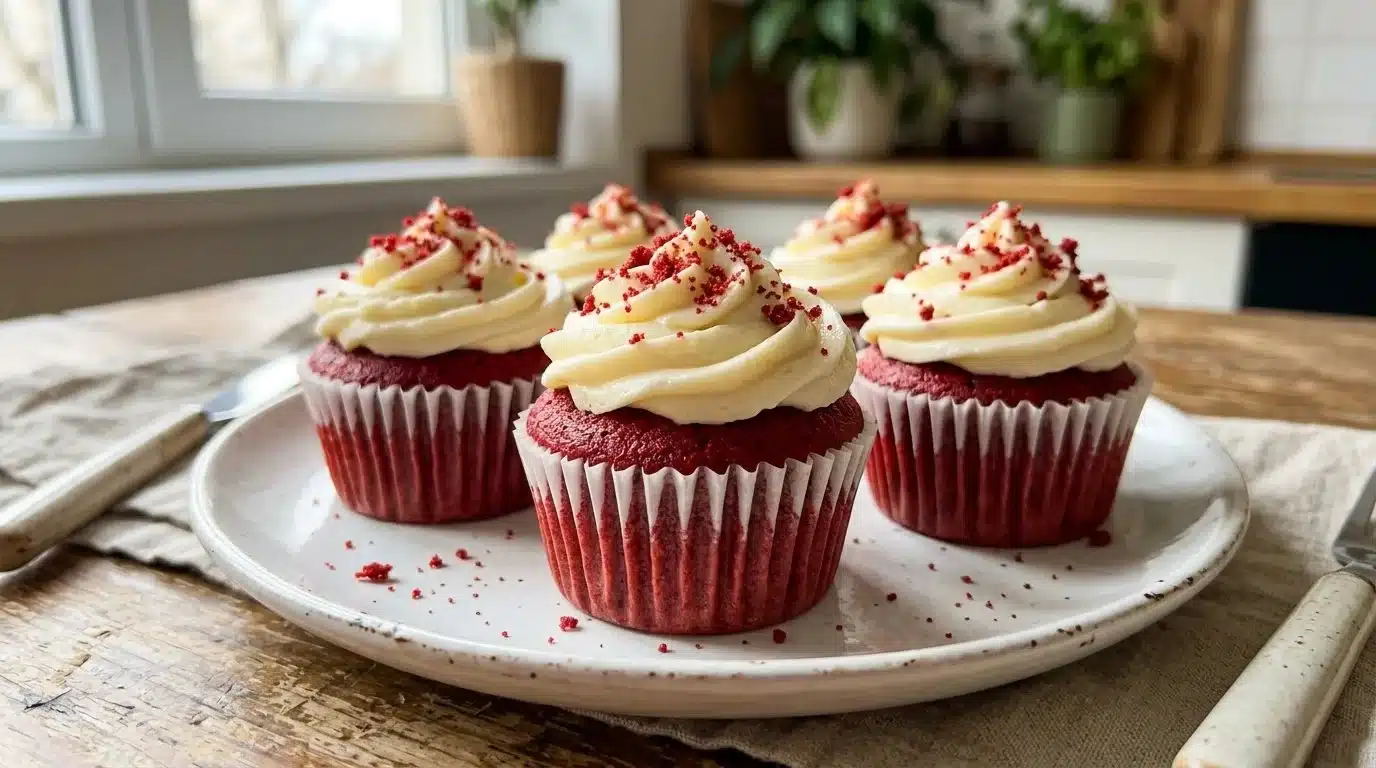Delicious red velvet cupcakes with cream cheese frosting on a white platter.