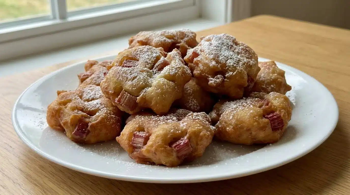 Plate of golden brown rhubarb fritters with powdered sugar on top