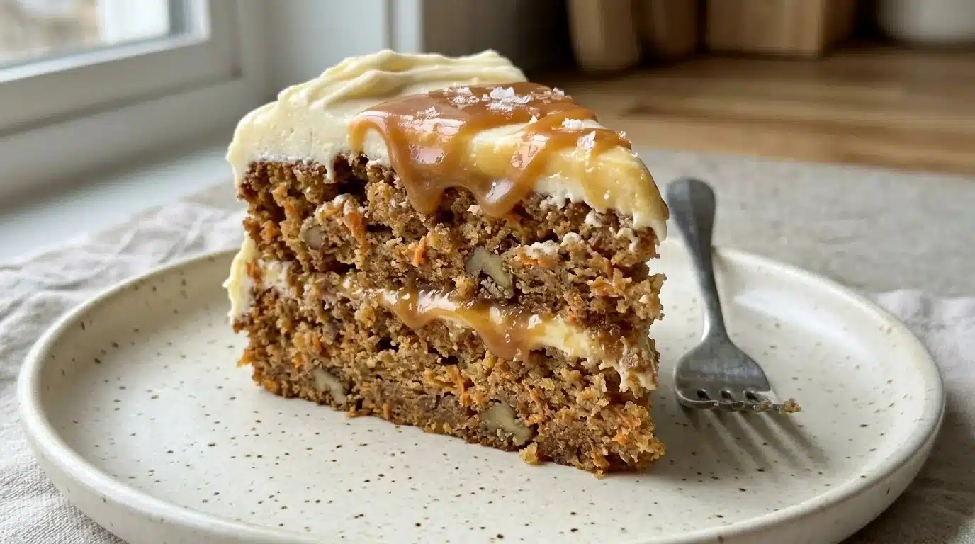 Delicious salted caramel carrot cake topped with creamy frosting and caramel drizzle