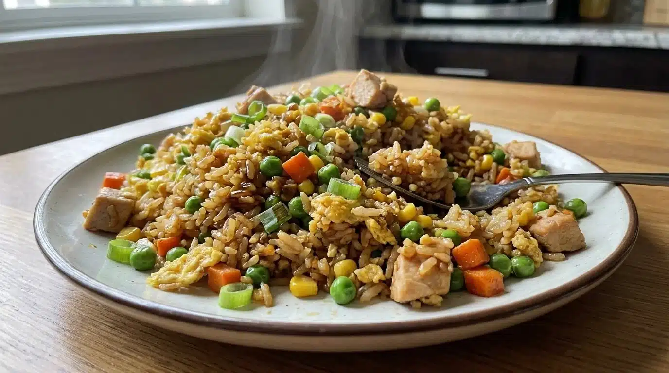 Colorful sheet pan fried rice with vegetables and eggs