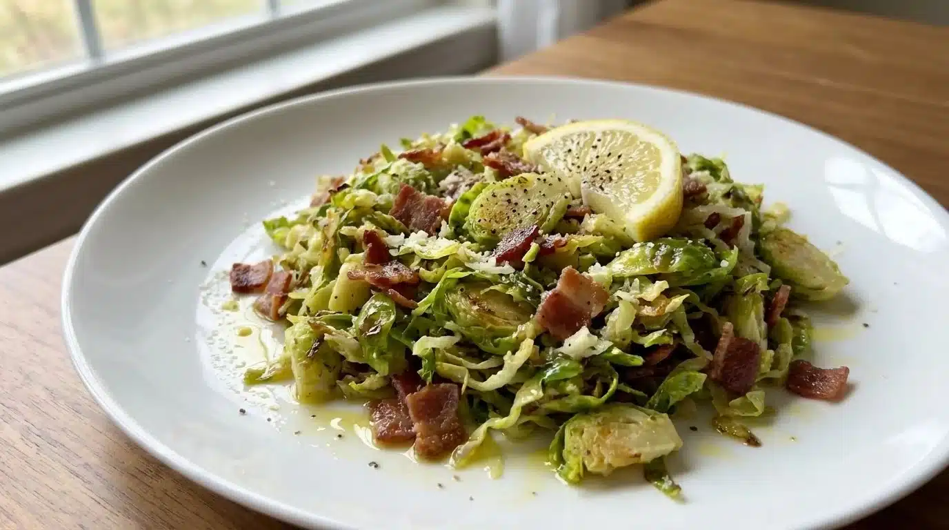Shredded Brussels sprouts mixed with crispy bacon in a bowl